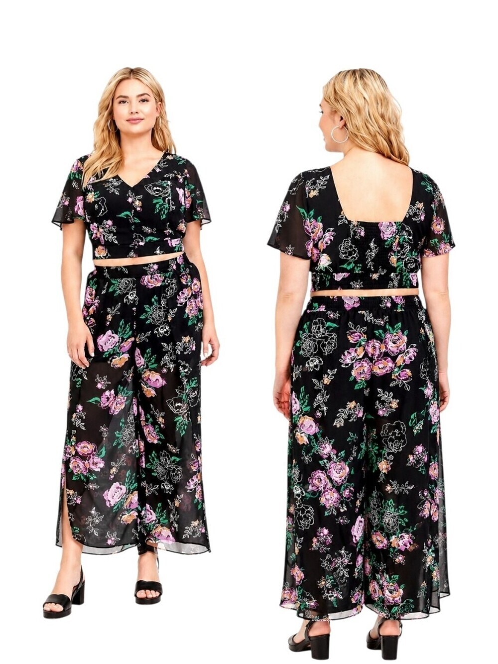 Torrids 3X  Black Floral Chiffon Smocked Top & Tulip  Leg Pants, 2Piece Set NWOT
